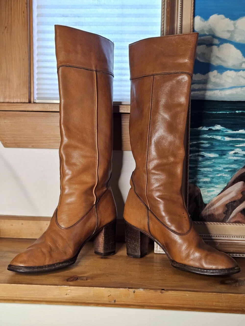 70's Italian Cognac Leather Knee High Riding Heeled Boots *flawed* - Picture 2 of 16